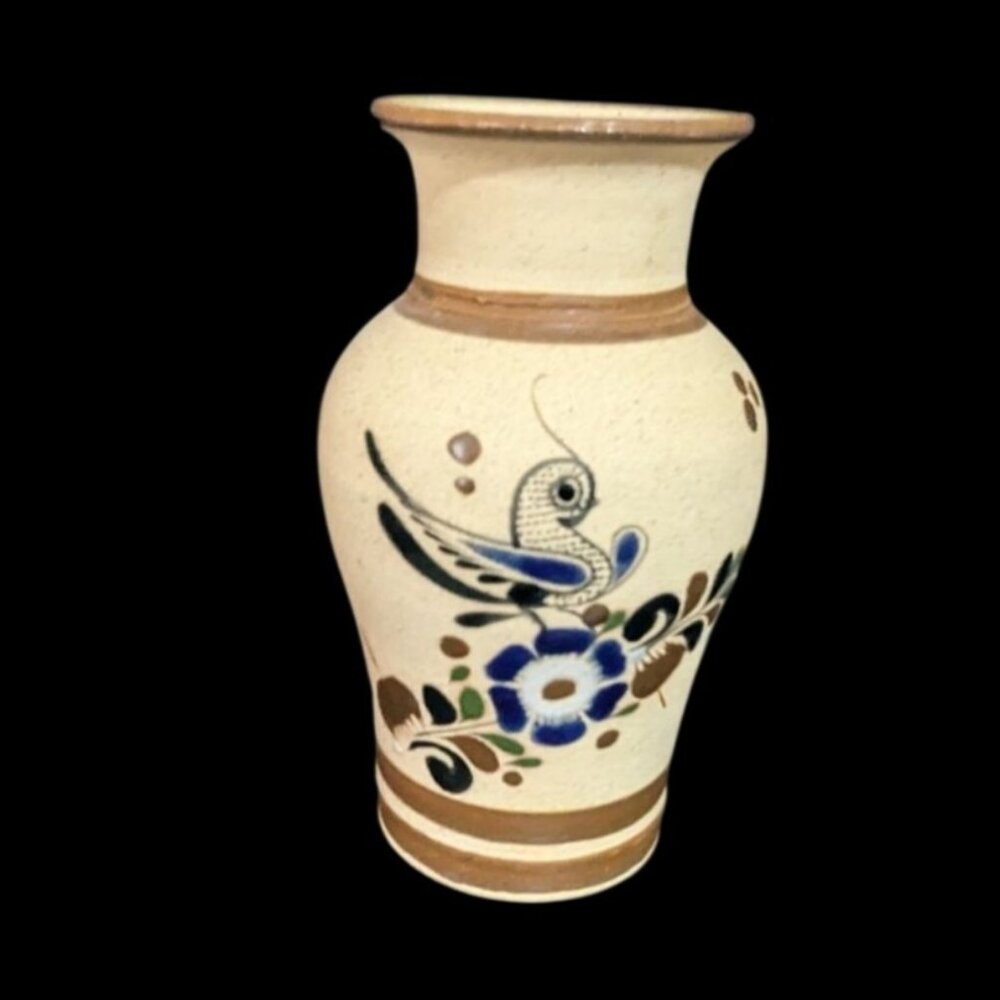 Tonala Mexico Signed Hand-Painted Ceramic Vase Bird Floral Design Vintage